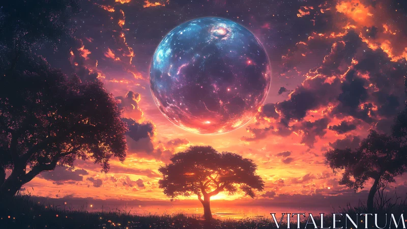 Celestial twilight sky welcomes a glowing cosmic world