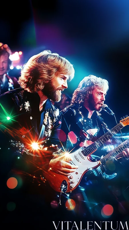 Photorealistic stage portrait of rock guitarists in neon light.