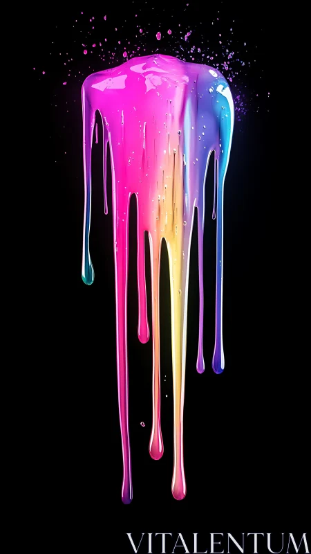 Multicolored viscous liquid drips vertically against black