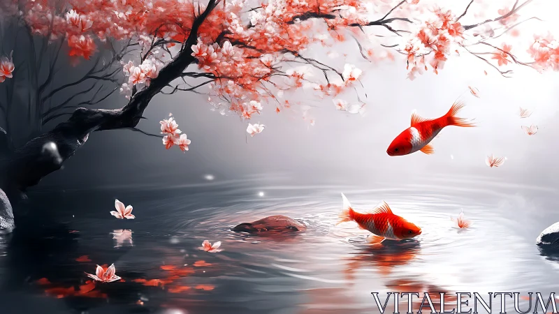 Gentle koi drifting beneath a cloud of cherry petals.