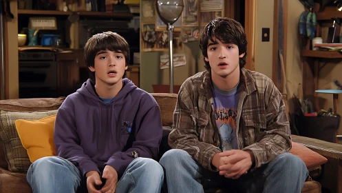 Teen brothers watch TV on cozy couch in cluttered room.