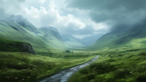 Storm-lit green valley with winding wet country road.
