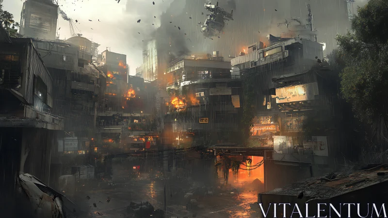 Stormlit cyberpunk city caught between ruin and survival.