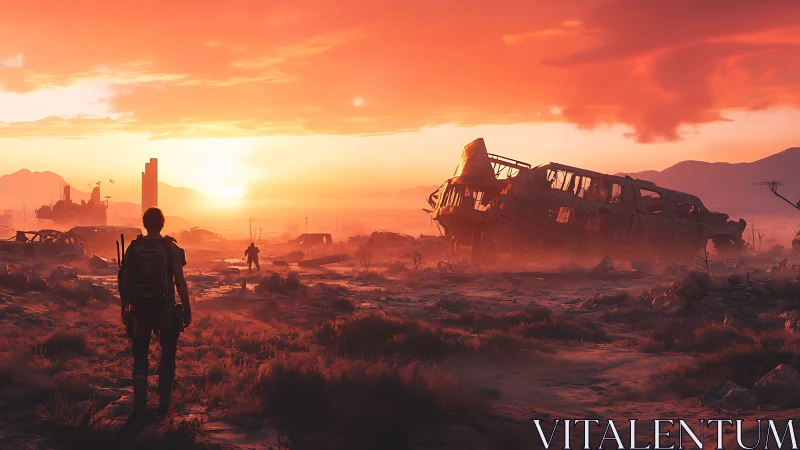 Lone survivor crosses a sunlit post-apocalyptic wasteland.