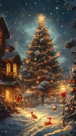 Magical village Christmas tree glows softly under winter starlight