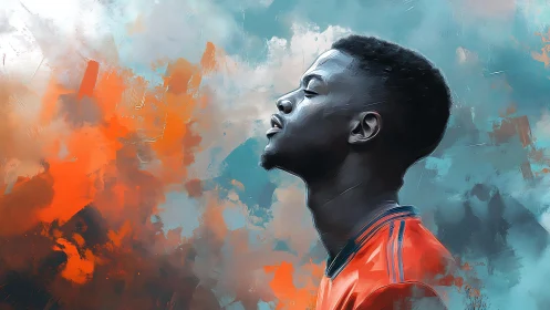 Side-profile digital portrait in turbulent chromatic field.