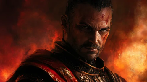 Armored warrior portrait against intense fiery backdrop.