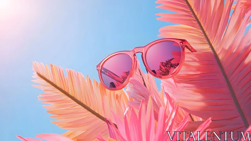 Pink sunglasses on pastel palm leaves with vibrant summer style.