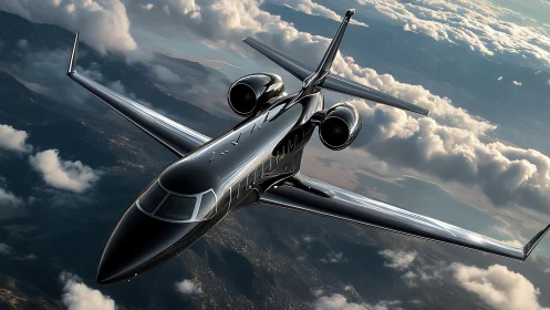 Sleek black business jet banking above sunlit coastal clouds