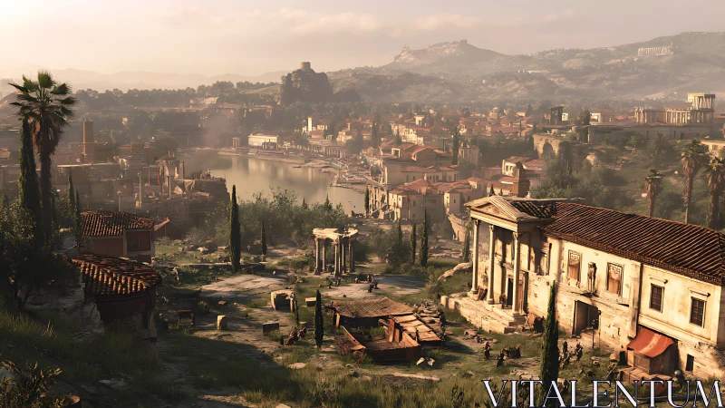 Sunlit ancient riverside city resting in golden calm.