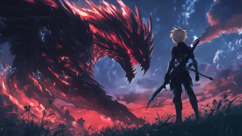 Lone hero meets blazing dragon under a stormy twilight sky.