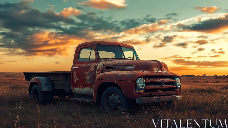 Rustic vintage pickup truck in open field at sunset time.