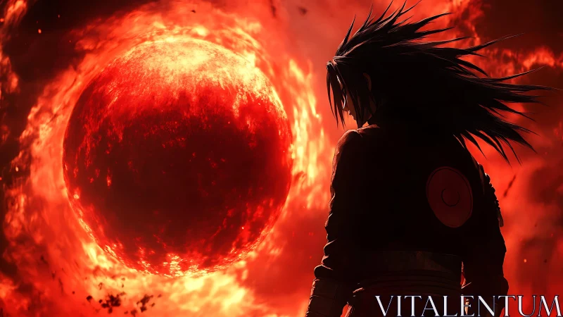 Silhouetted figure observing large fiery celestial sphere.