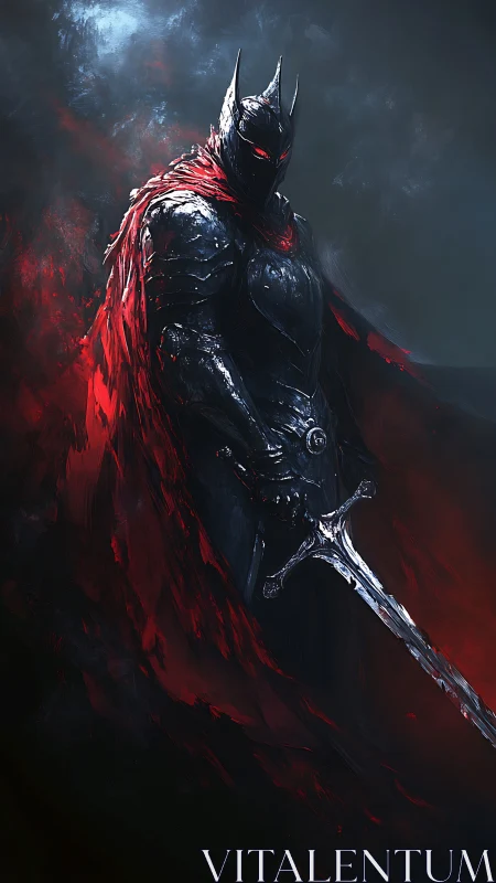 Armored dark knight with flaming red cape dominates frame