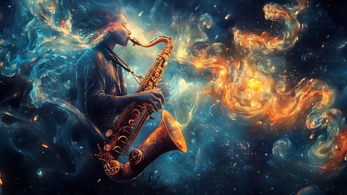 Cosmic saxophonist shapes swirling galaxies of sound and light.