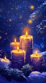 Winter candles glow under starlit snow pine branches