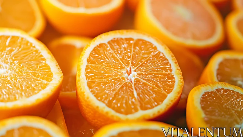 Macro closeup of fresh orange halves with vivid pulp detail.