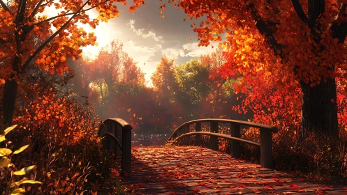Curved wooden footbridge across sunlit autumn forest stream