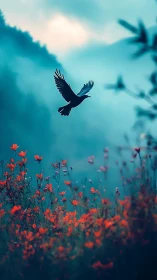 Silhouetted bird soars above crimson meadow at teal dawn.