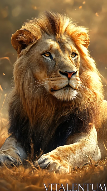 Golden-hour lion resting softly in shimmering savanna light.