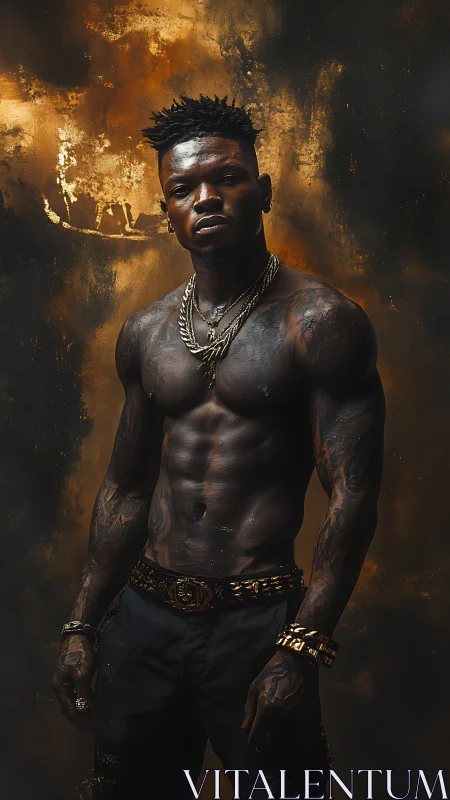 Powerful tattooed athlete stands strong in warm golden light