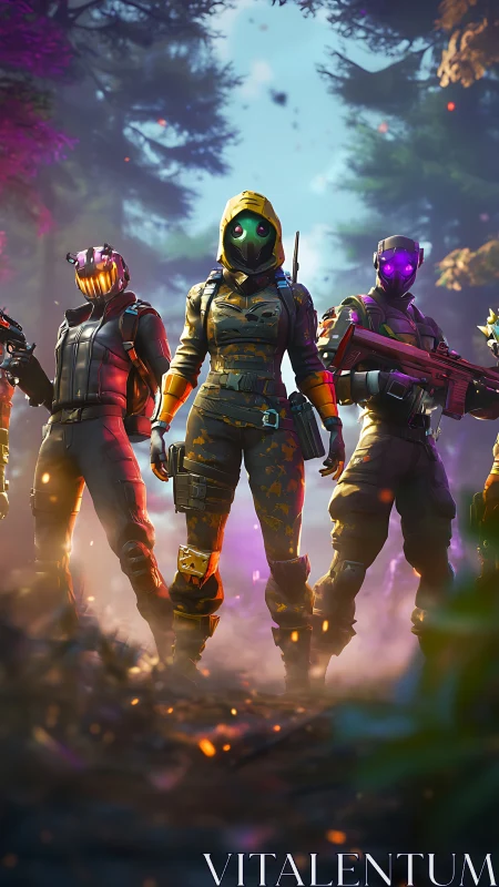 Four masked futuristic soldiers in forest battle stance.