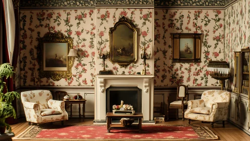 Victorian parlor diorama with floral upholstery and central mantelpiece