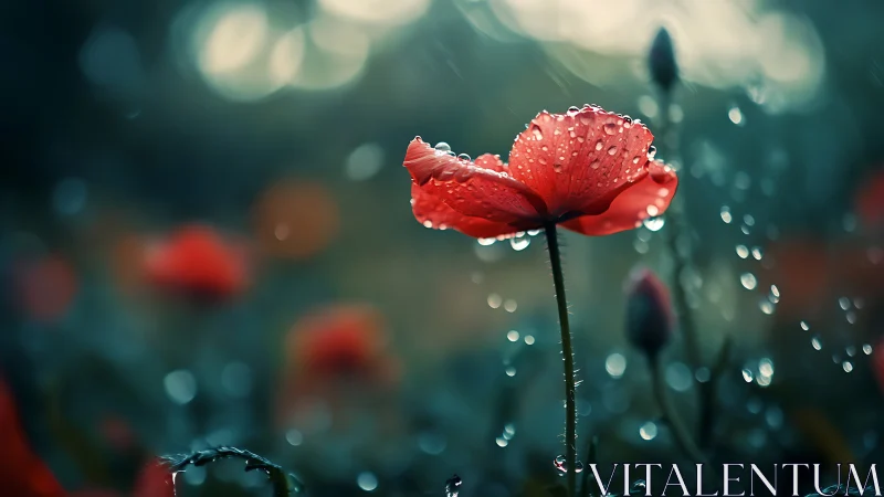 Red Poppy With Hydrophobic Petals and Convergent Water Droplets.