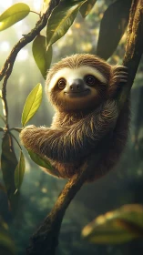 Young sloth clings to forest branch under soft sunlight