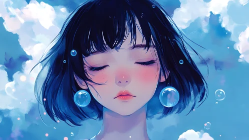 Dreamy blue portrait of serene girl with closed eyes.