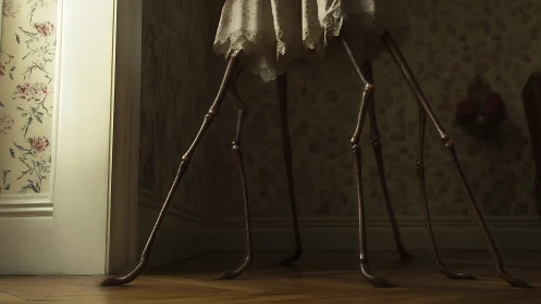 Lace dress creature with multiple thin legs in hallway.