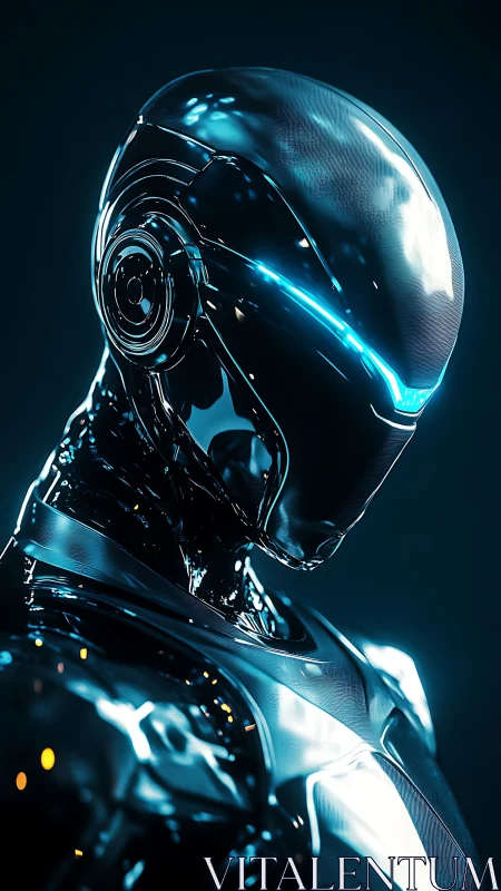 Chrome sentinel tilts in neon hush, guarding digital midnight.