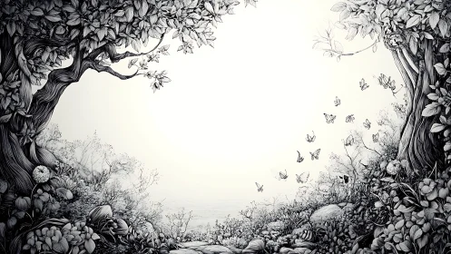 Whispering forest gateway with butterflies holding the hush.