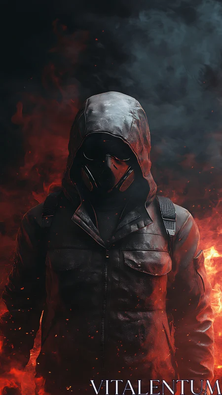 Hooded gas mask figure walks through raging red firestorm