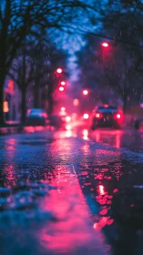 Rainy city street captures defocused neon traffic lights