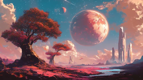 Alien landscape with red trees and large looming planet.