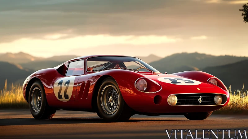 Sunlit vintage race car poised on a mountain roadway.