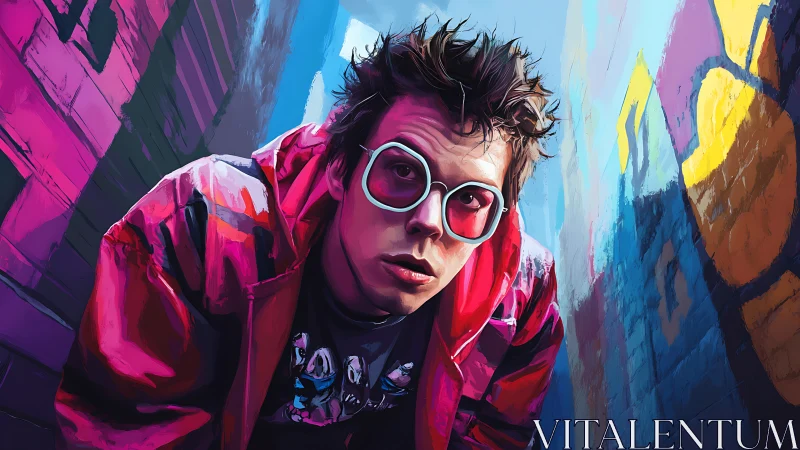 Urban youth peers into neon alley, eyes wide behind frames.