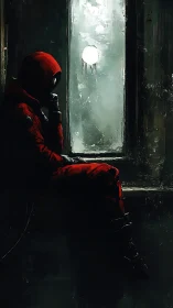 Moody cyberpunk loner in red suit by frostlit window seat.