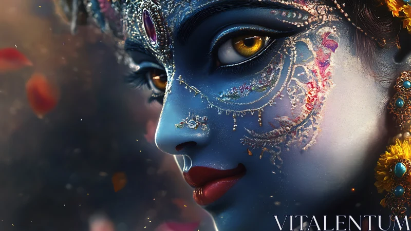 Divine blue portrait with jeweled filigree facial ornamentation.