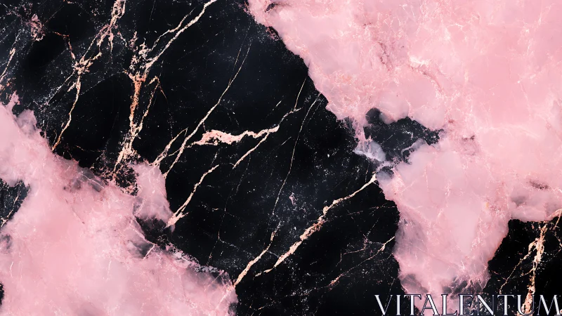 Rose quartz veining across deep obsidian marble surface.