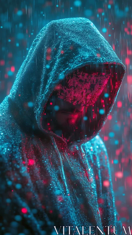 Hooded cyber figure in neon rain with digital mask glow.