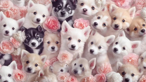 High-density puppy portrait array with soft-focus floral foreground