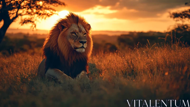 Lion rests in golden savanna light at dramatic sunset.