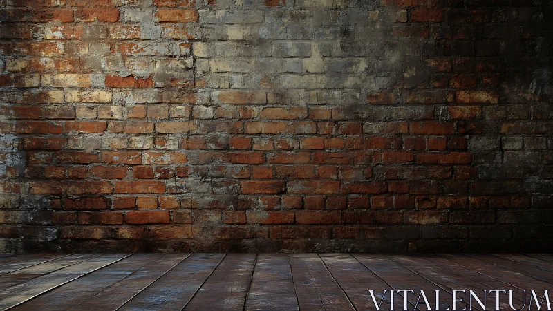 Weathered brick wall with worn wooden floor background.