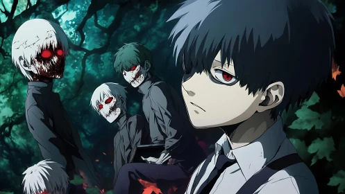 Anime boy and ghoulish figures stand together in dark forest