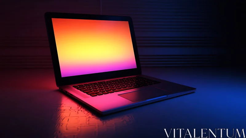 Open laptop displays gradient screen under colored lighting