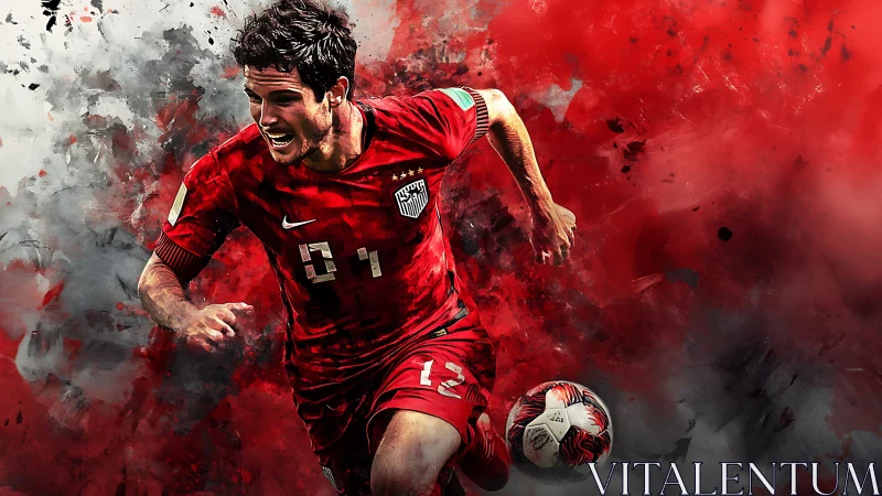 Dynamic digital painting of sprinting soccer midfielder in red kit.