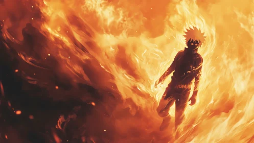 Fierce anime hero strides forward wrapped in roaring fire