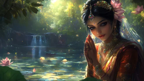 Luminescent river goddess in jeweled silence of dawn.